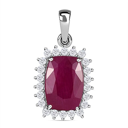 9K White Gold African Ruby and Moissanite Halo Pendant 11.64 Ct.