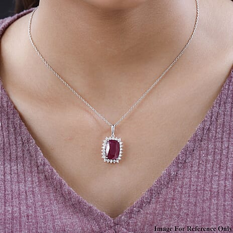 9K White Gold African Ruby and Moissanite Halo Pendant 11.64 Ct.