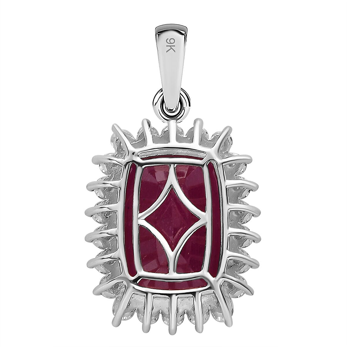 9K White Gold African Ruby and Moissanite Halo Pendant 11.64 Ct.