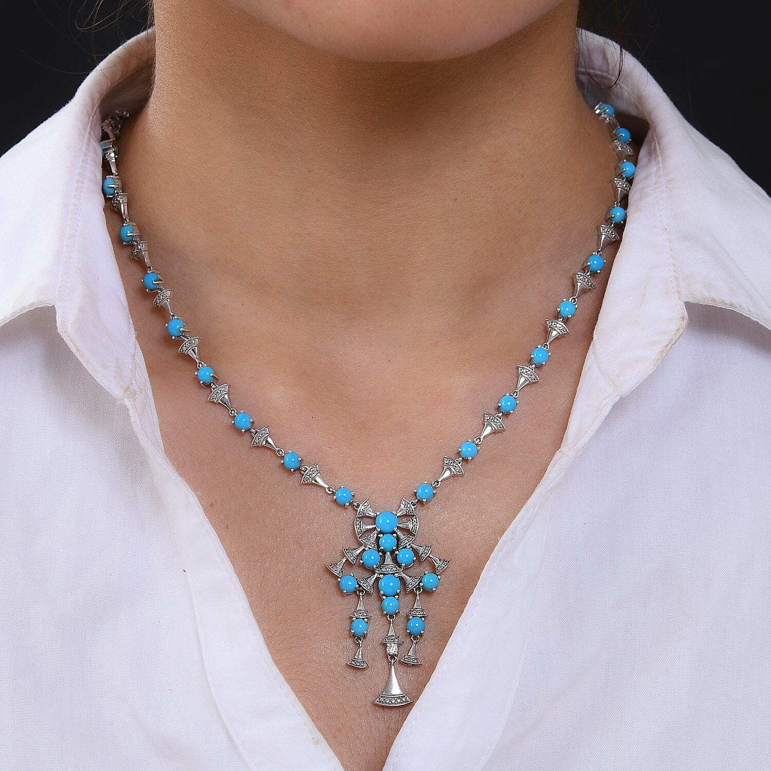 Arizona Sleeping Beauty Turquoise and Natural Zircon Necklace (Size - 20) in Platinum Overlay Sterling Silver 10.31 Ct, Silver Wt. 19.00 Gms