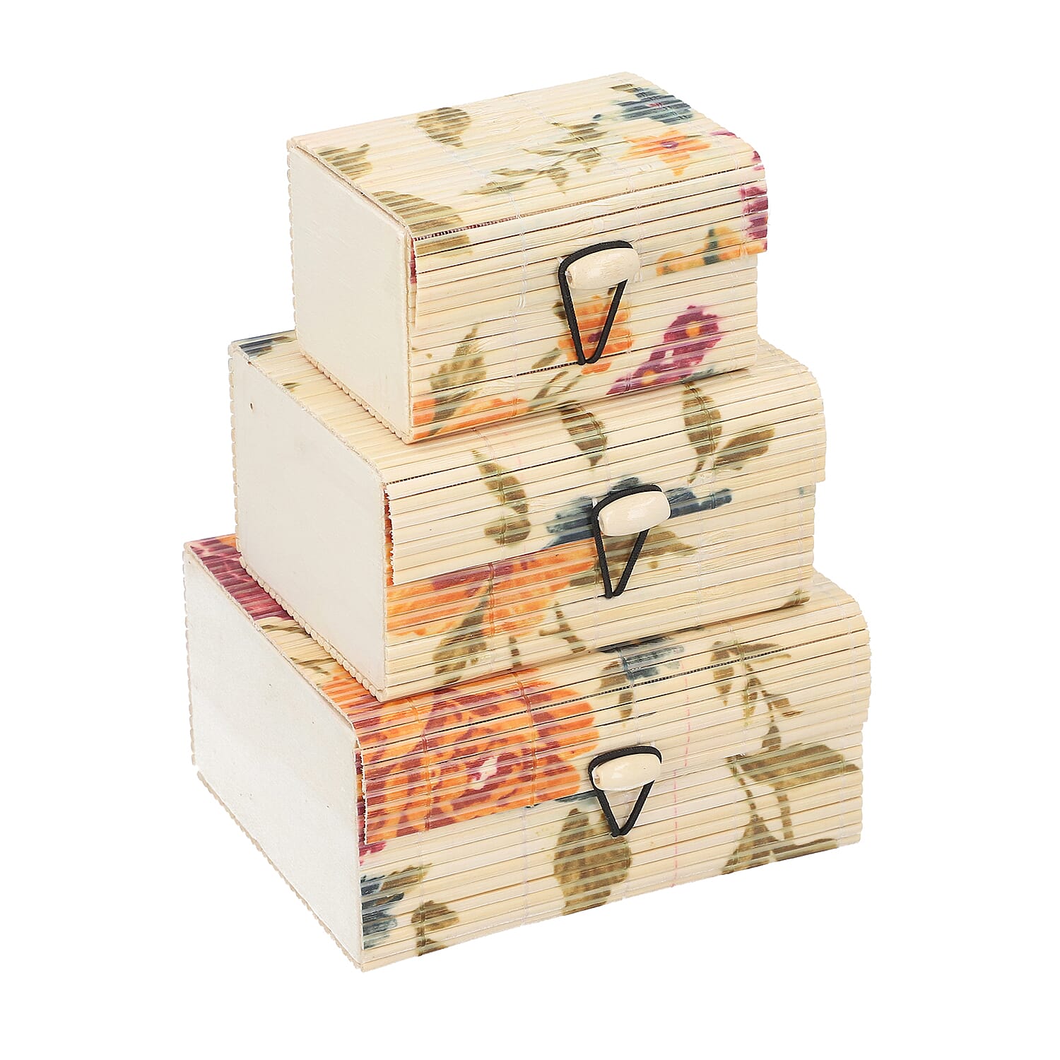 Set of 3 Floral Print Bamboo Organizer Large Medium and Small - Cream