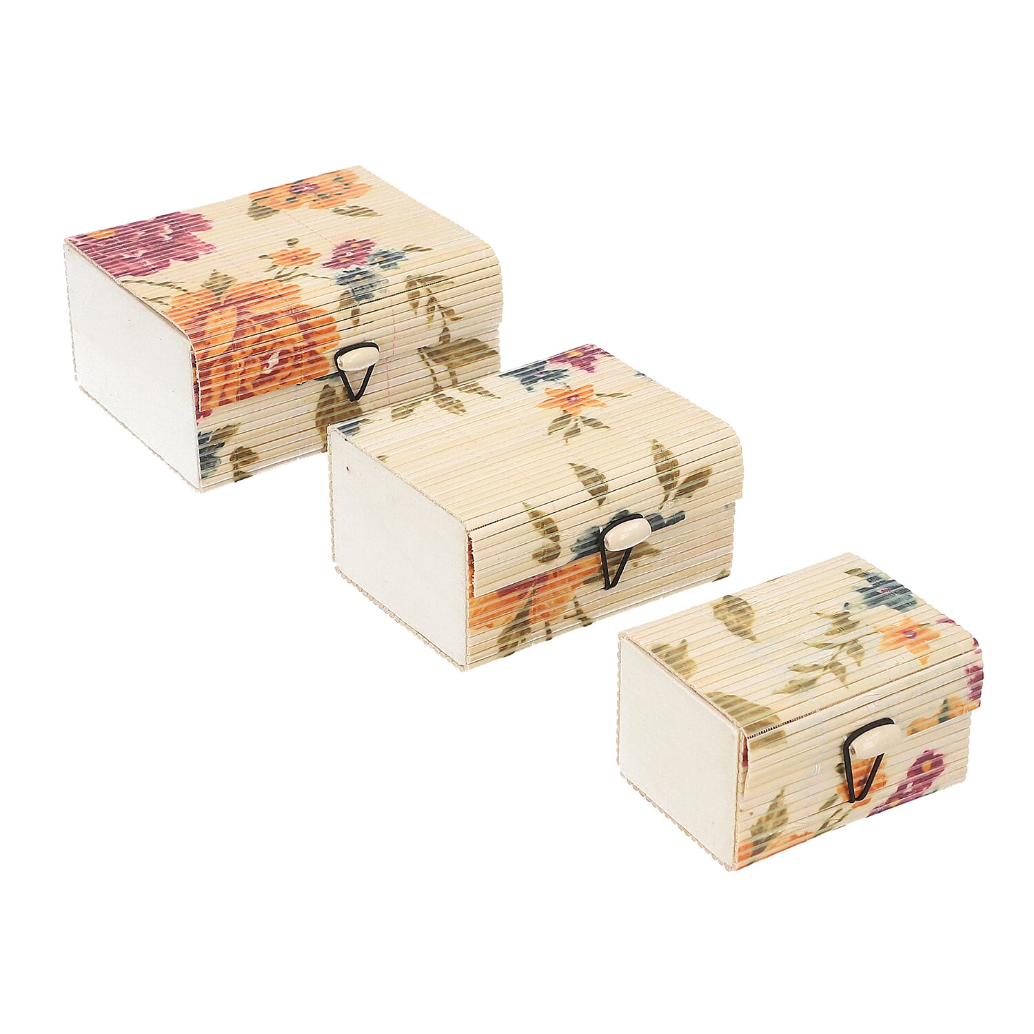 Set of 3 Floral Print Bamboo Organizer Large Medium and Small - Cream