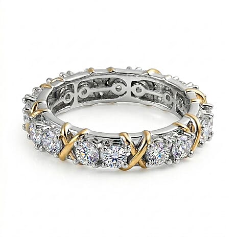 D'Joy Moissanite Band Ring in Platinum Overlay & Yellow Gold Plated Sterling Silver 1.85 Ct.