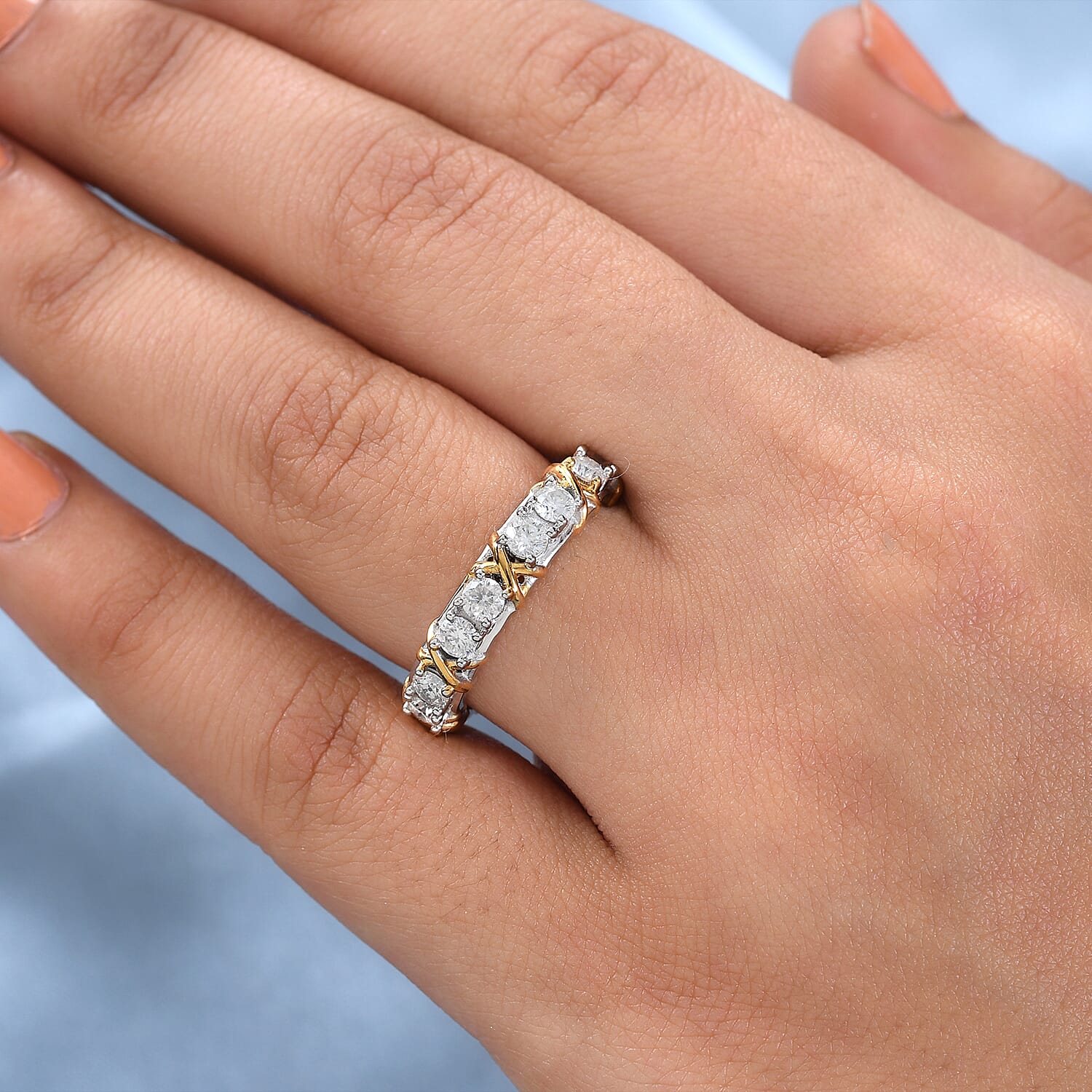 D'Joy Moissanite Criss Cross Band Ring in Platinum Overlay & Yellow Gold Plated Sterling Silver 1.85 Ct.