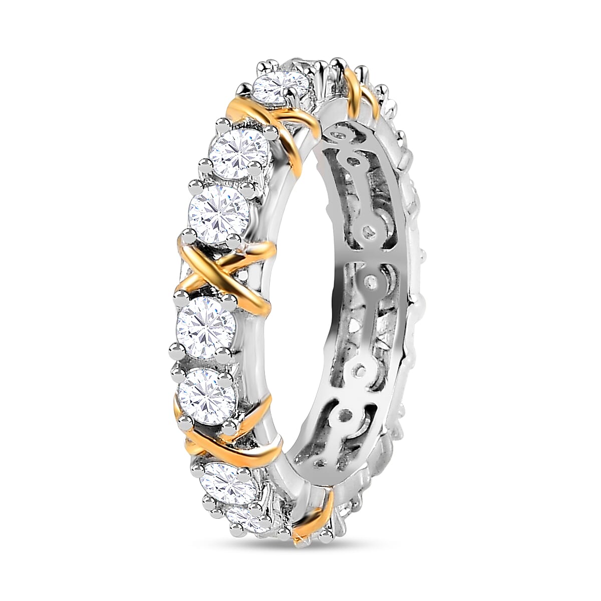 D'Joy Moissanite Criss Cross Band Ring in Platinum Overlay & Yellow Gold Plated Sterling Silver 1.85 Ct.