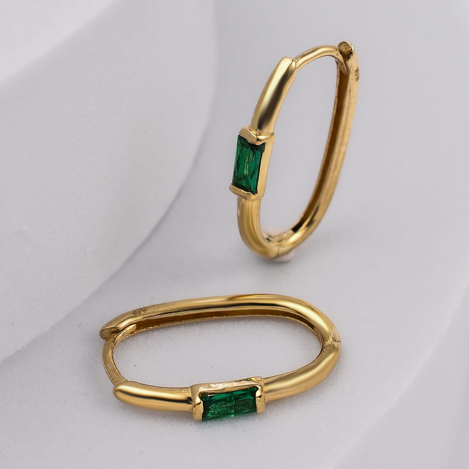 9K Yellow Gold Simulated Green Topaz Hoop Earrings