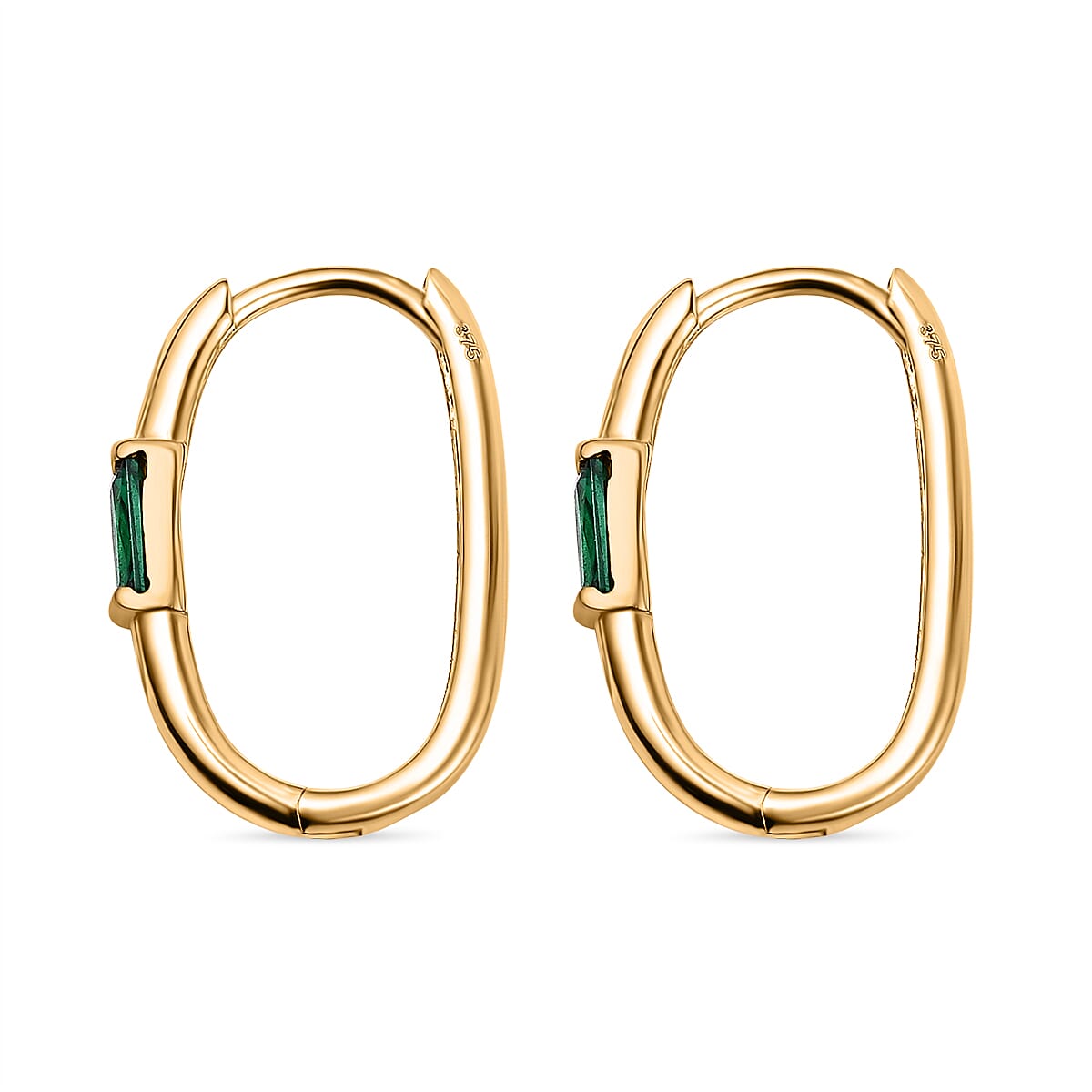 9K Yellow Gold Simulated Green Topaz Hoop Earrings