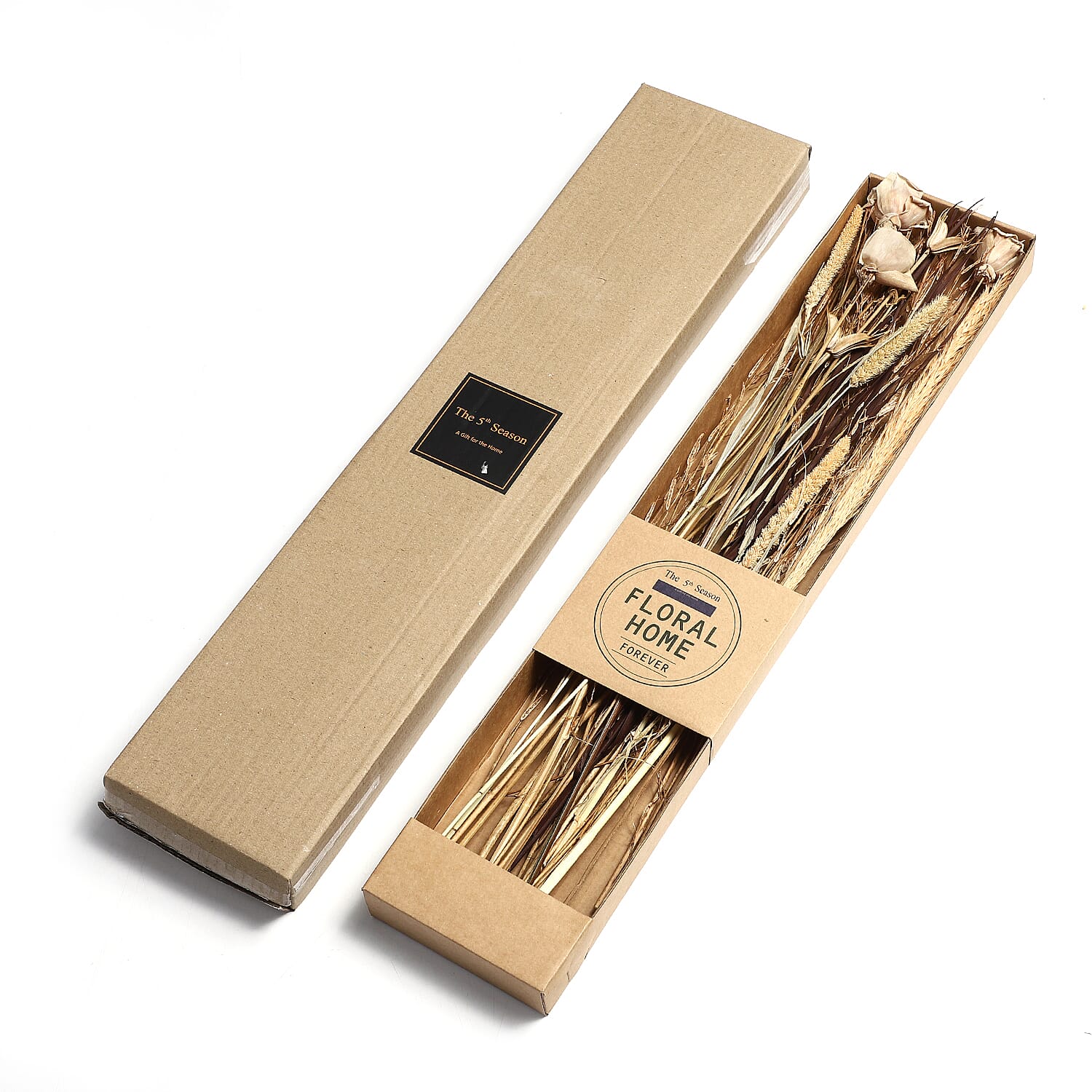 Dried Floral Arrangement Home Decor in Paper Tray with Khajur Baby Grass & Sola Thai Rose - Brown