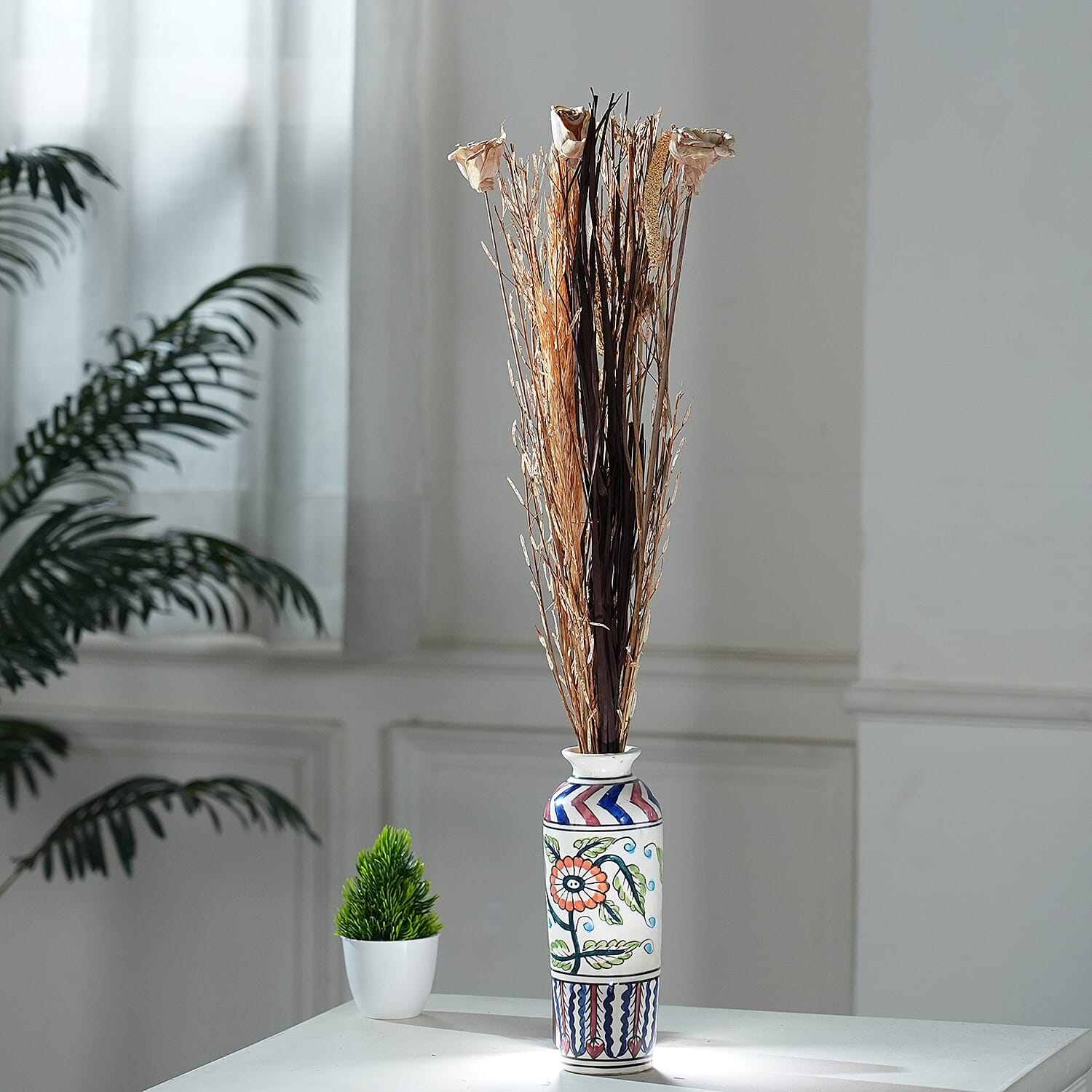 Dried Floral Arrangement Home Decor in Paper Tray with Khajur Baby Grass & Sola Thai Rose - Brown