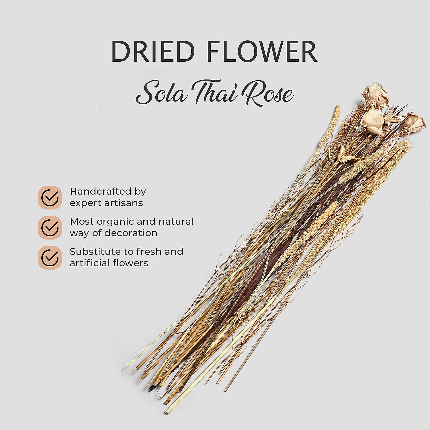 Dried Floral Arrangement Home Decor in Paper Tray with Khajur Baby Grass & Sola Thai Rose - Brown