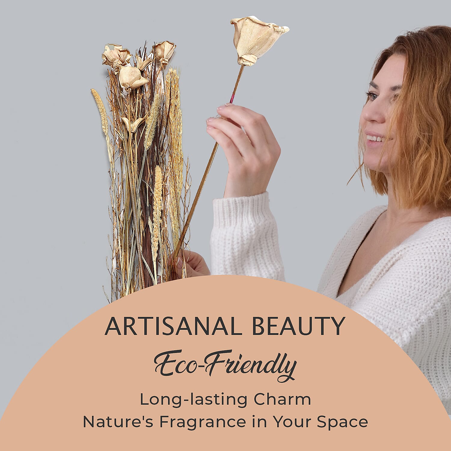 Dried Floral Arrangement Home Decor in Paper Tray with Khajur Baby Grass & Sola Thai Rose - Brown