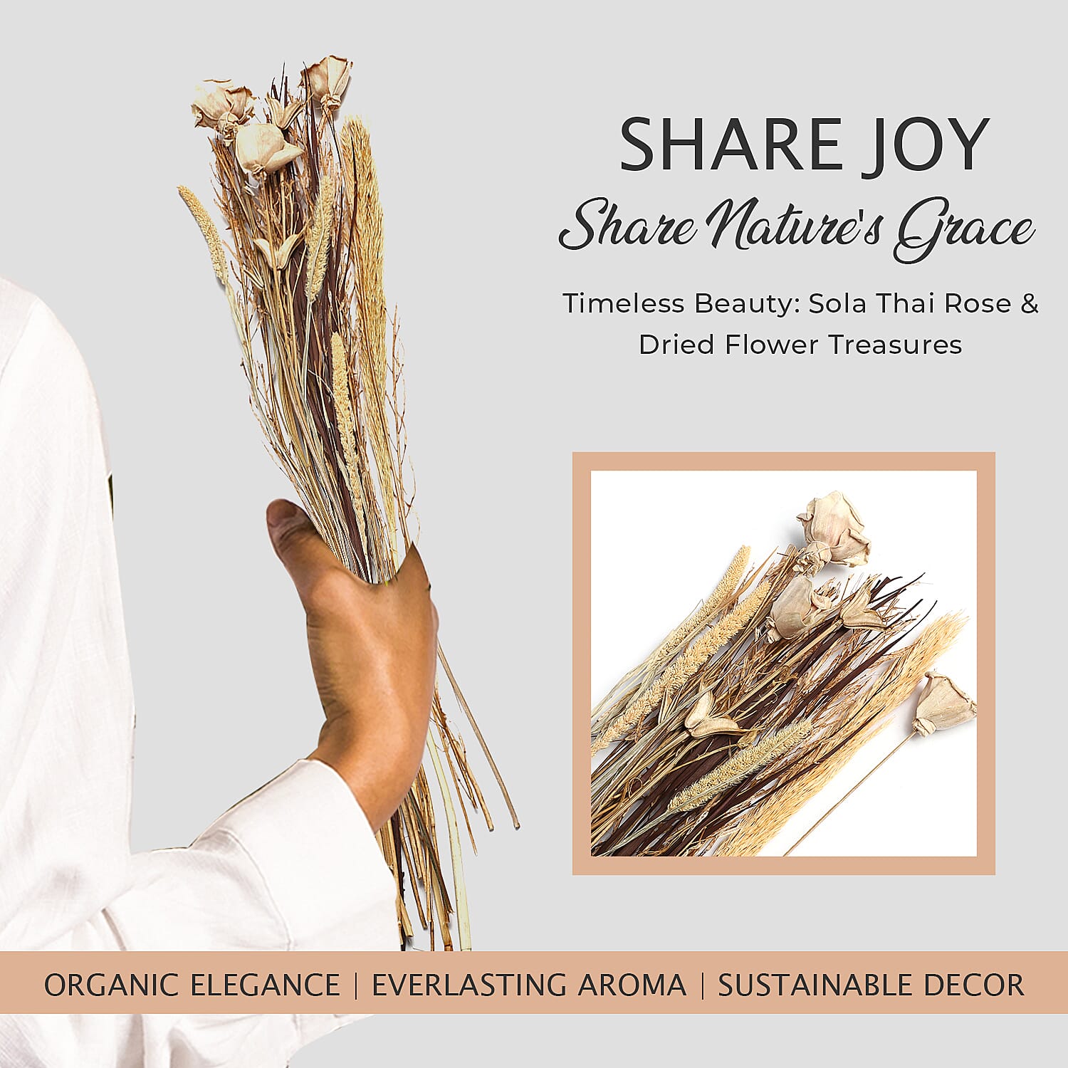 Dried Floral Arrangement Home Decor in Paper Tray with Khajur Baby Grass & Sola Thai Rose - Brown