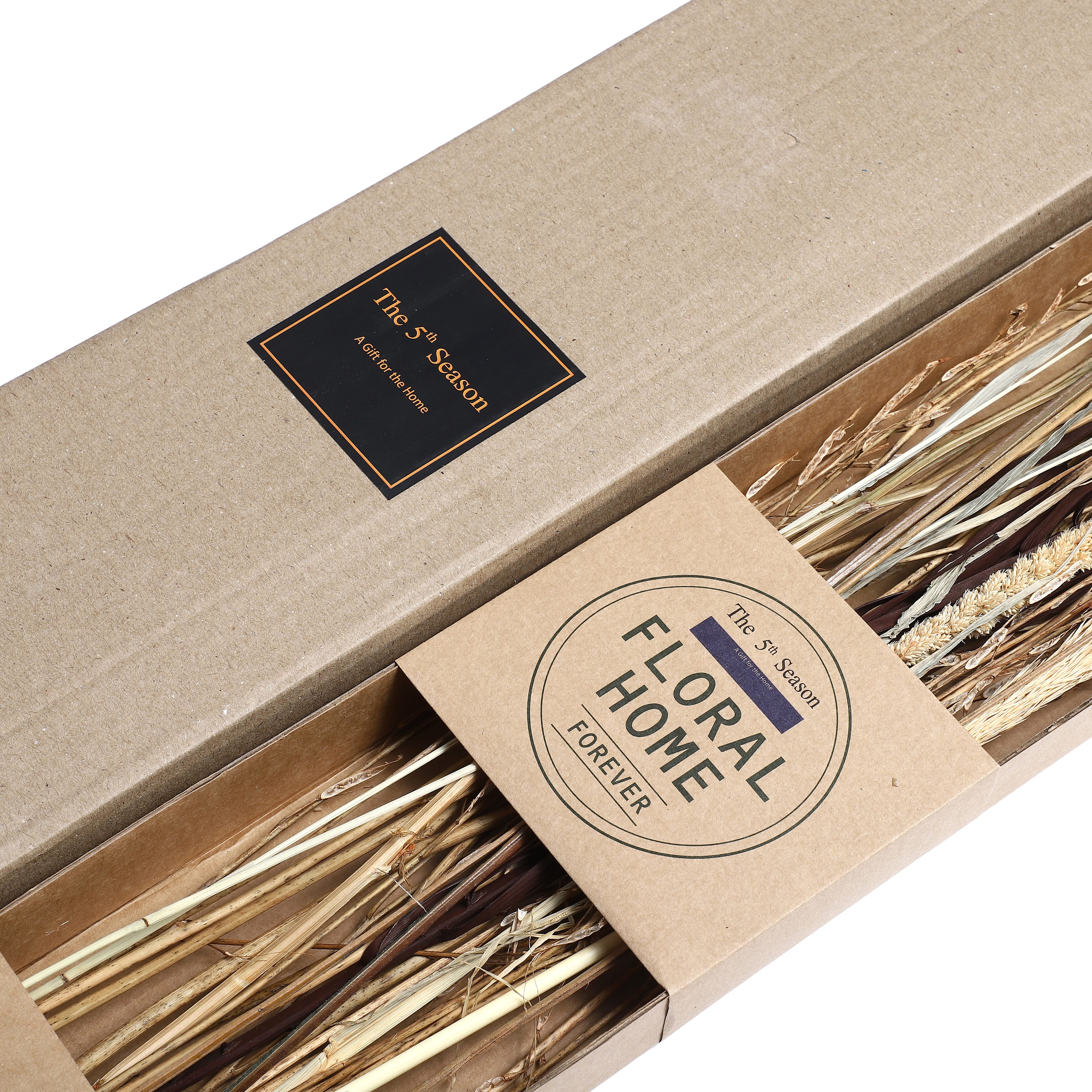 Dried Floral Arrangement Home Decor in Paper Tray with Khajur Baby Grass & Sola Thai Rose - Brown