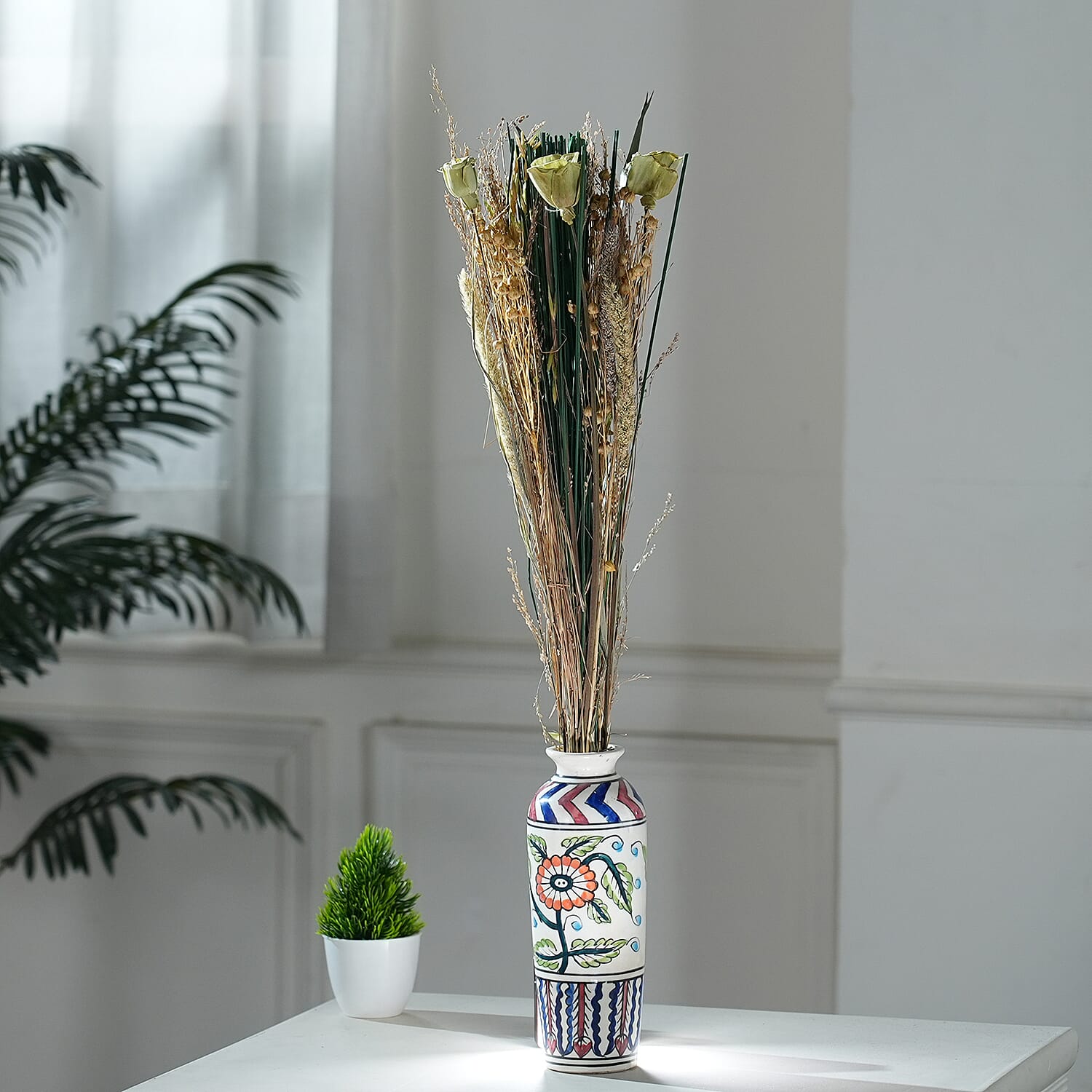 Dried Floral Arrangement Home Decor in Paper Tray with Flax Seed Grass & Sola Thai Rose - Yellow
