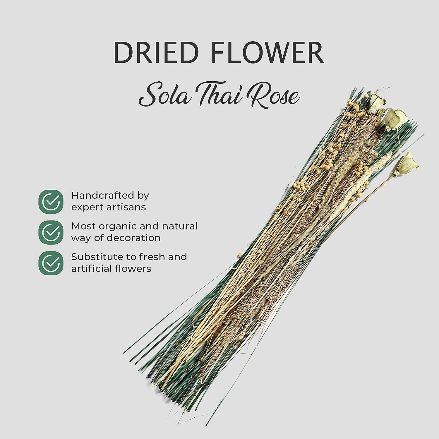 Dried Floral Arrangement Home Decor in Paper Tray with Flax Seed Grass & Sola Thai Rose - Yellow