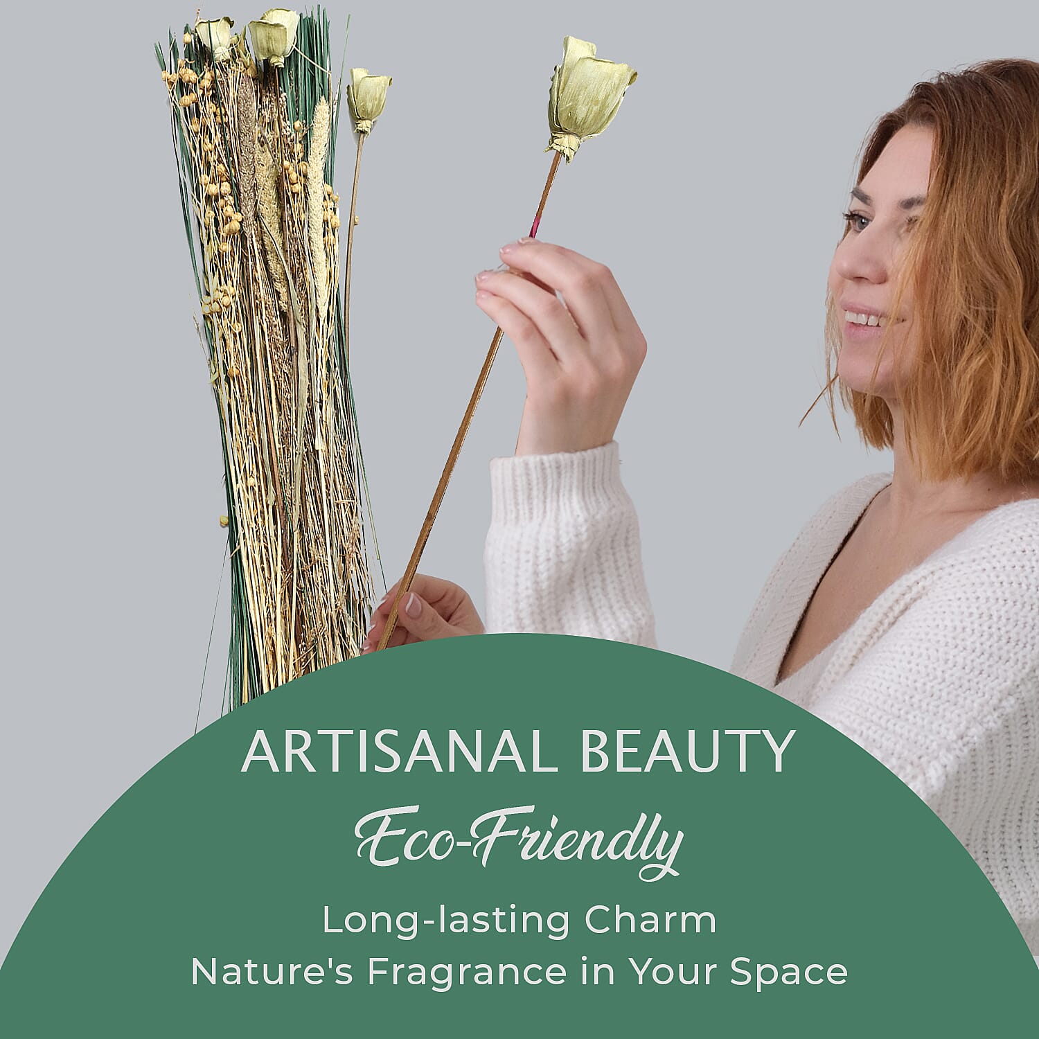 Dried Floral Arrangement Home Decor in Paper Tray with Flax Seed Grass & Sola Thai Rose - Yellow