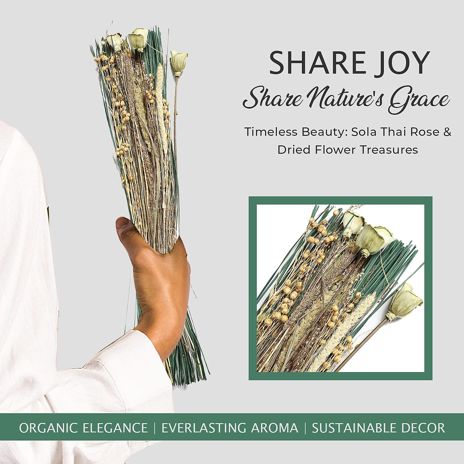 Dried Floral Arrangement Home Decor in Paper Tray with Flax Seed Grass & Sola Thai Rose - Yellow