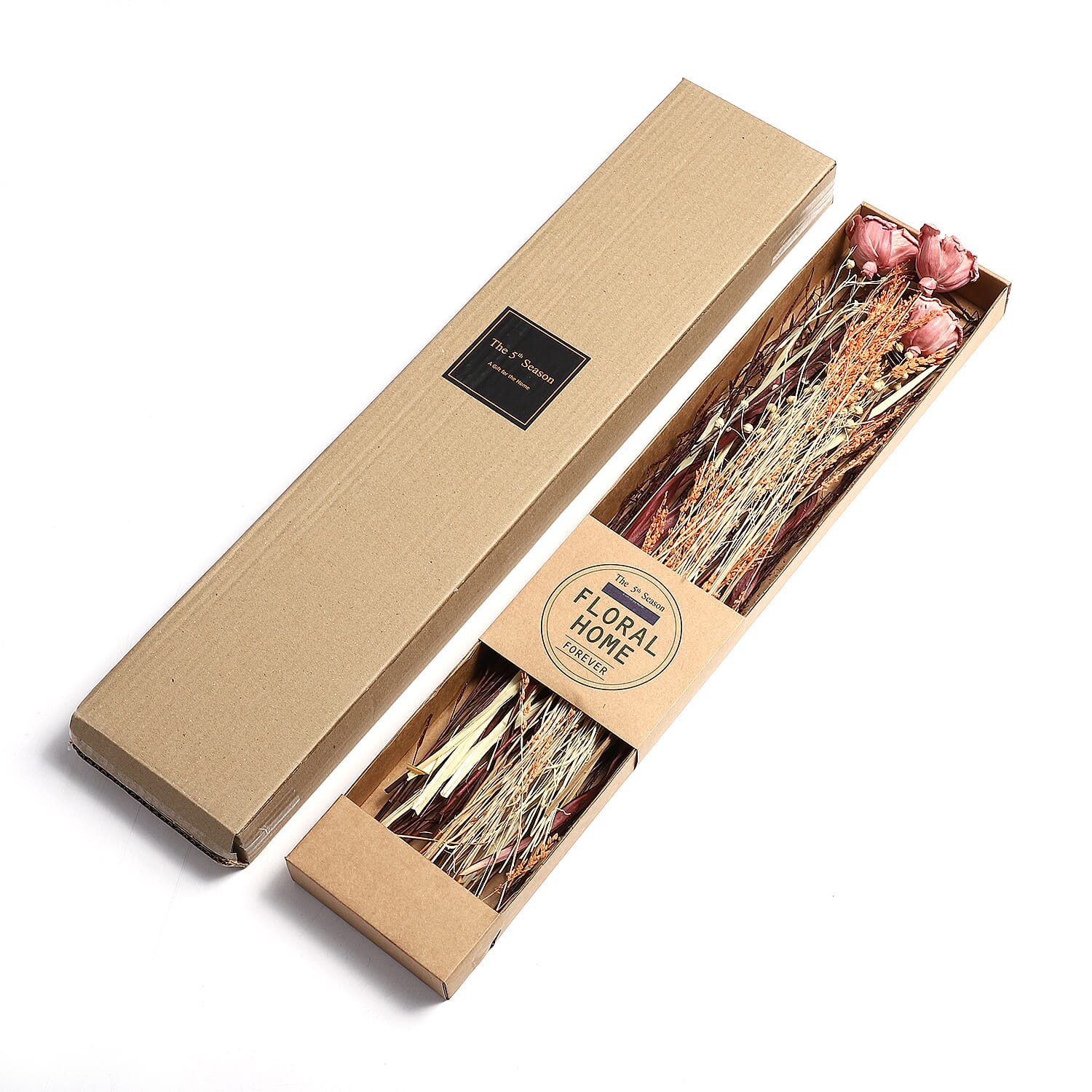 Dried Floral Arrangement Home Decor in Paper Tray with Flax Grass & Sola Thai Rose - Orange