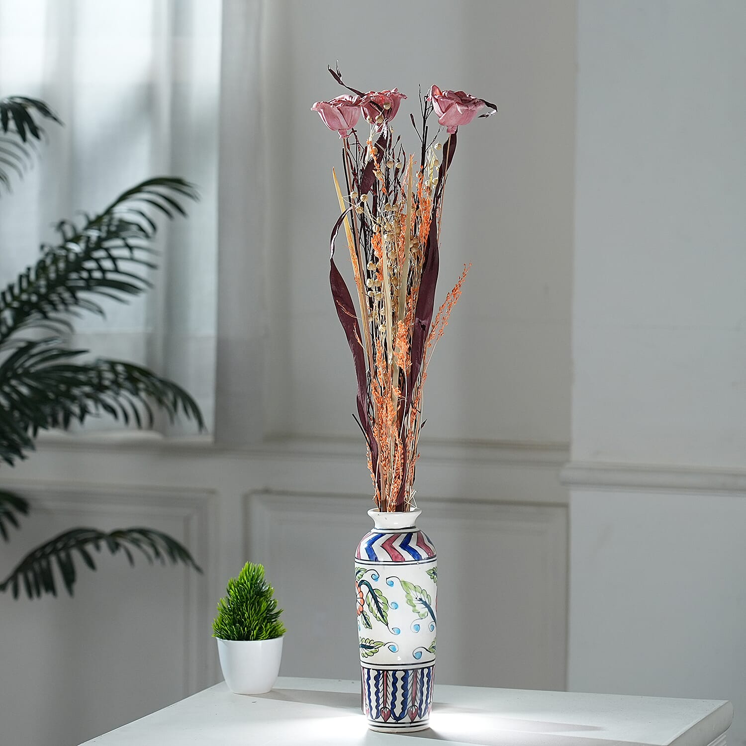 Dried Floral Arrangement Home Decor in Paper Tray with Flax Grass & Sola Thai Rose - Orange