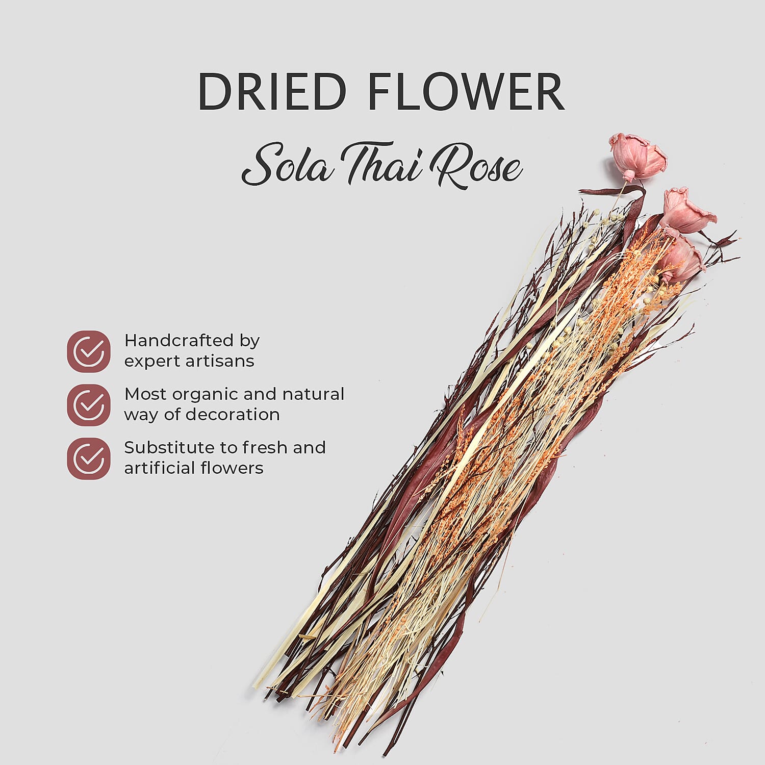 Dried Floral Arrangement Home Decor in Paper Tray with Flax Grass & Sola Thai Rose - Orange