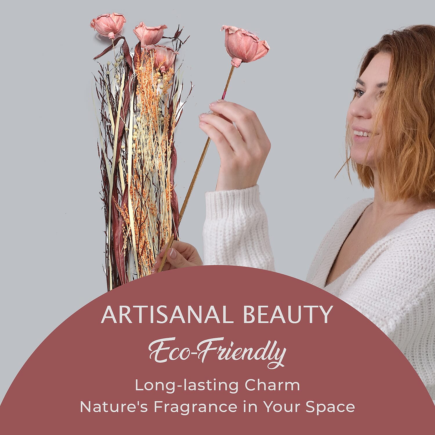 Dried Floral Arrangement Home Decor in Paper Tray with Flax Grass & Sola Thai Rose - Orange