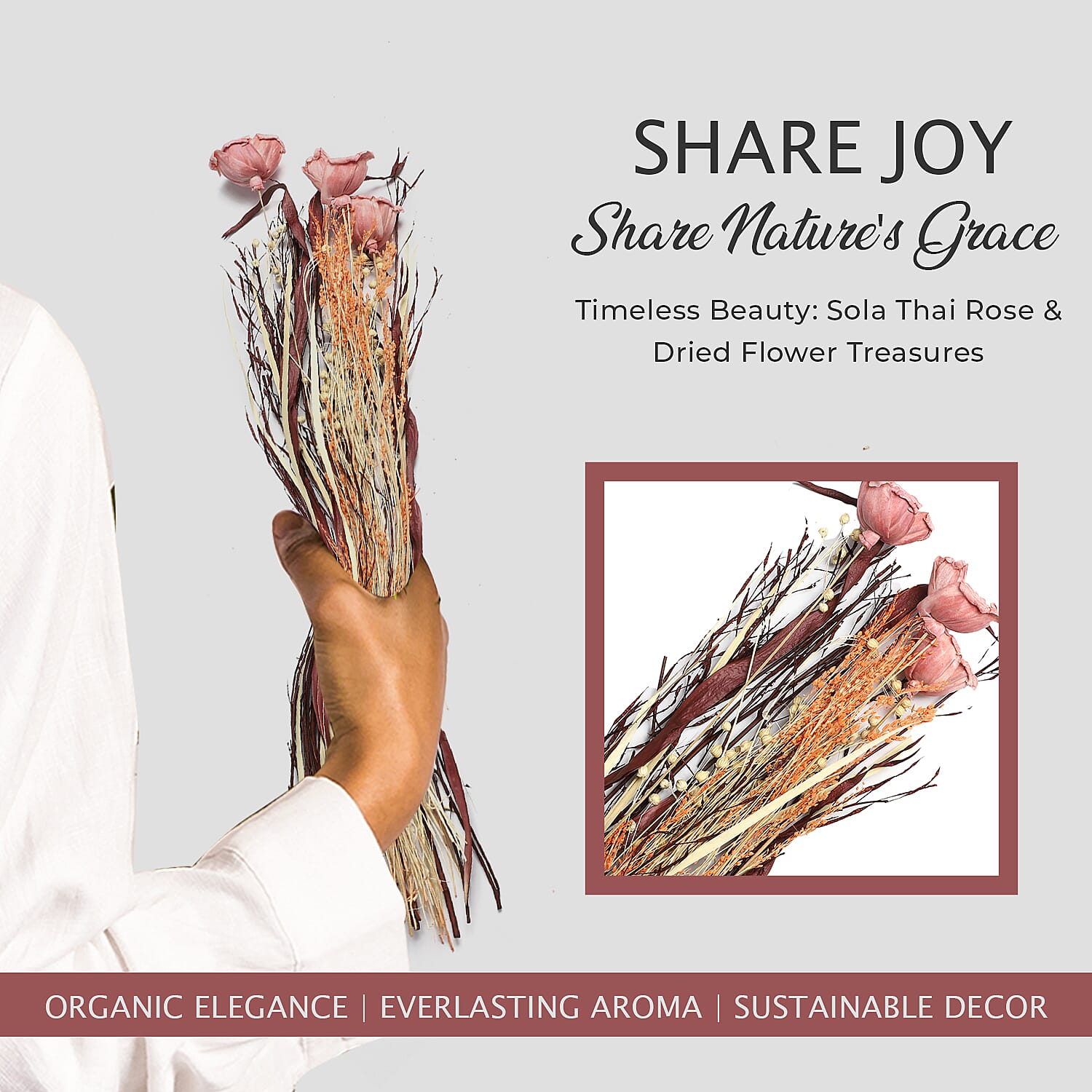 Dried Floral Arrangement Home Decor in Paper Tray with Flax Grass & Sola Thai Rose - Orange