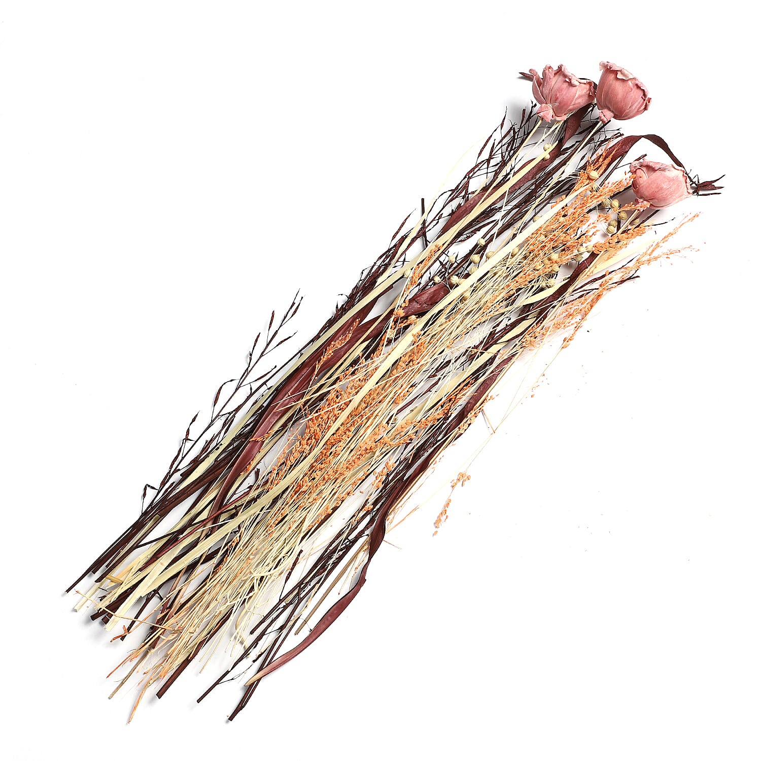 Dried Floral Arrangement Home Decor in Paper Tray with Flax Grass & Sola Thai Rose - Orange