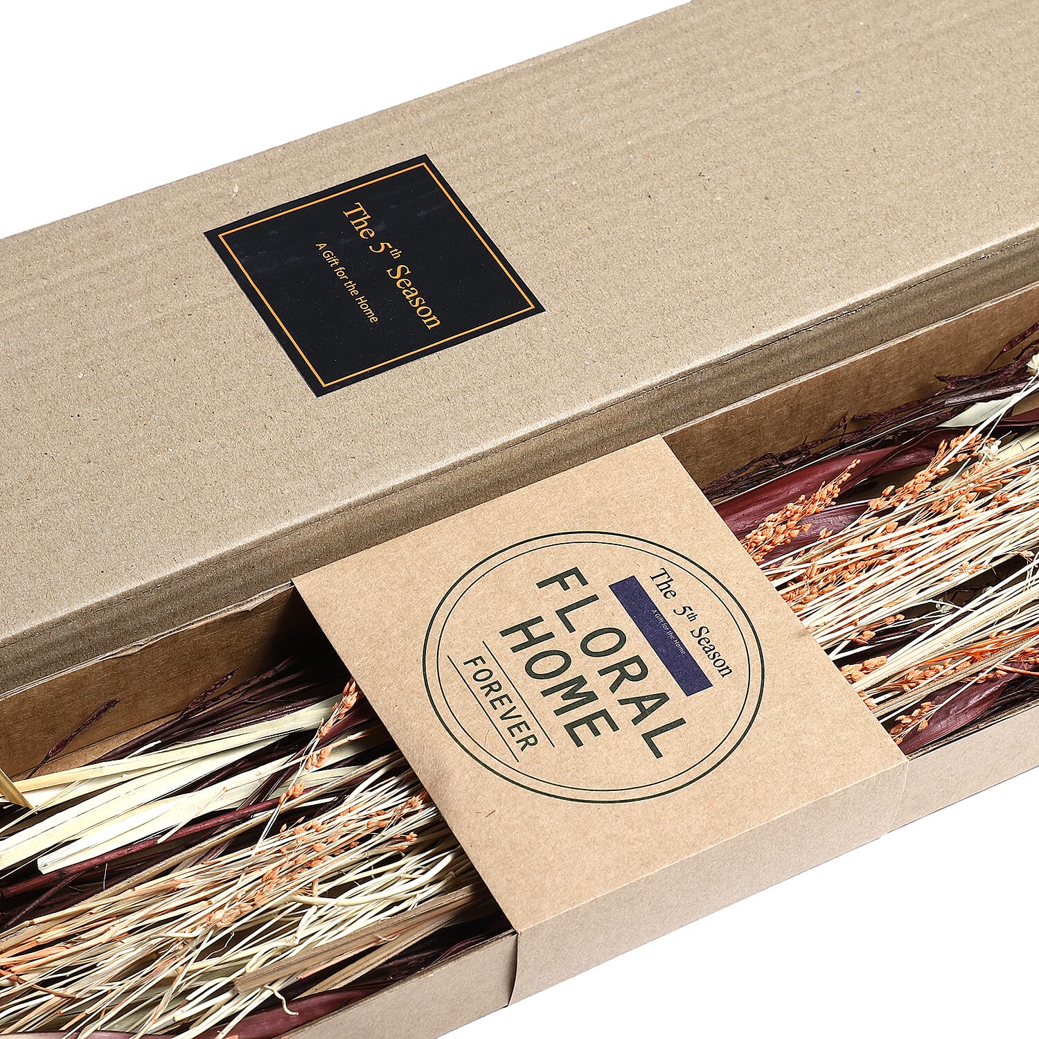 Dried Floral Arrangement Home Decor in Paper Tray with Flax Grass & Sola Thai Rose - Orange