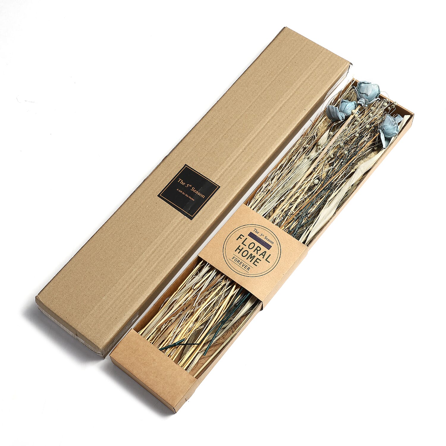 Handcrafted Dried Floral Arrangement Home Decor in Paper Tray with Flax Seed Grass & Sola Thai Rose - Blue