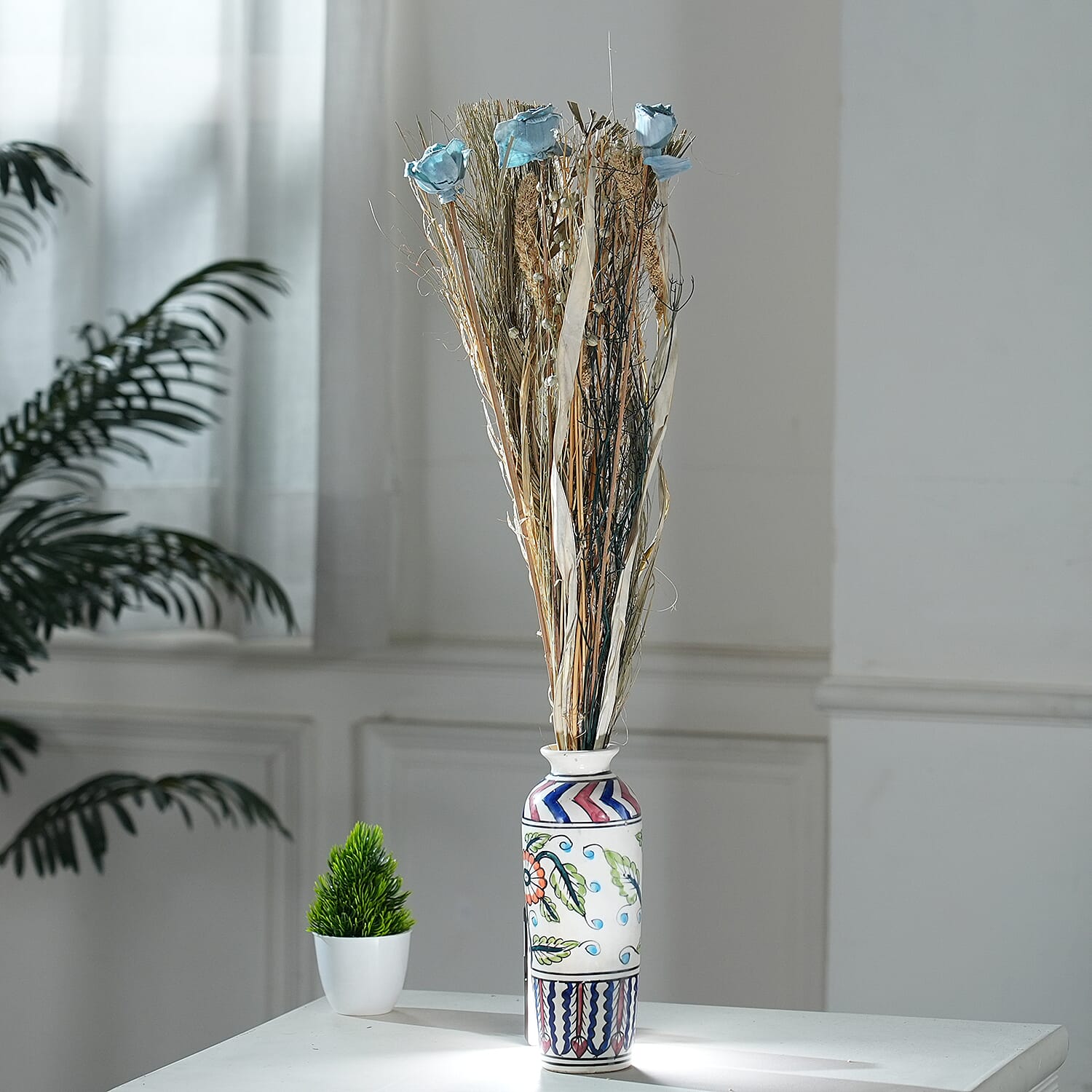 Handcrafted Dried Floral Arrangement Home Decor in Paper Tray with Flax Seed Grass & Sola Thai Rose - Blue