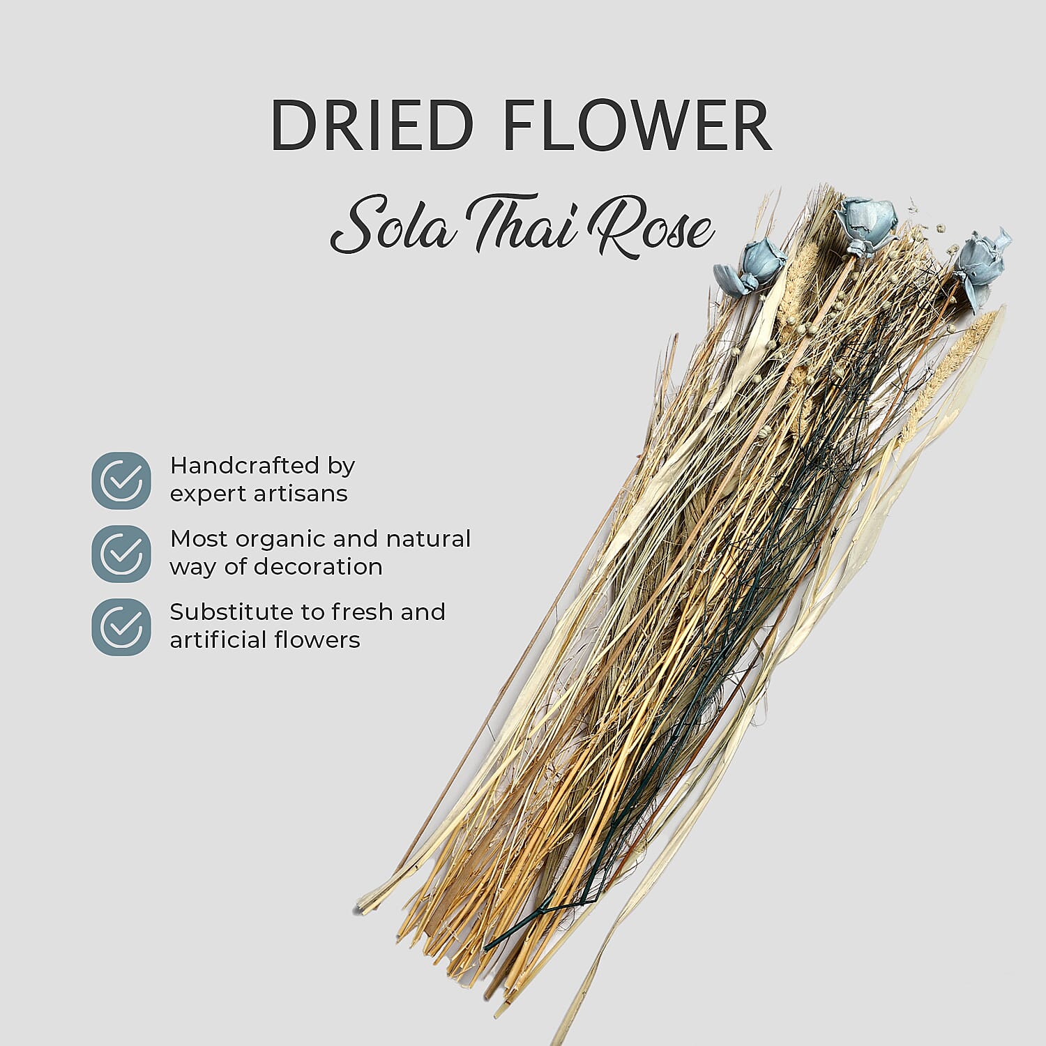 Handcrafted Dried Floral Arrangement Home Decor in Paper Tray with Flax Seed Grass & Sola Thai Rose - Blue