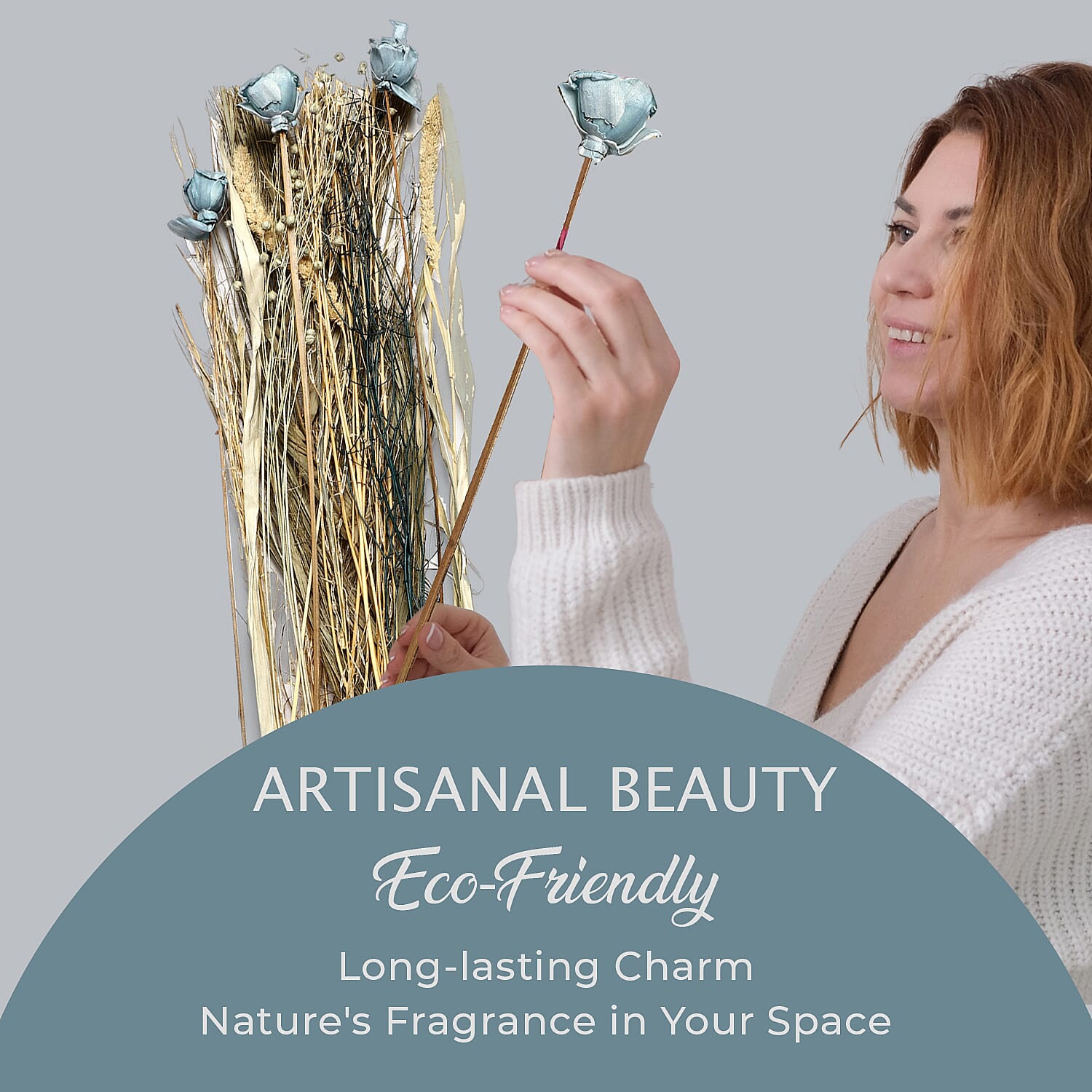 Handcrafted Dried Floral Arrangement Home Decor in Paper Tray with Flax Seed Grass & Sola Thai Rose - Blue