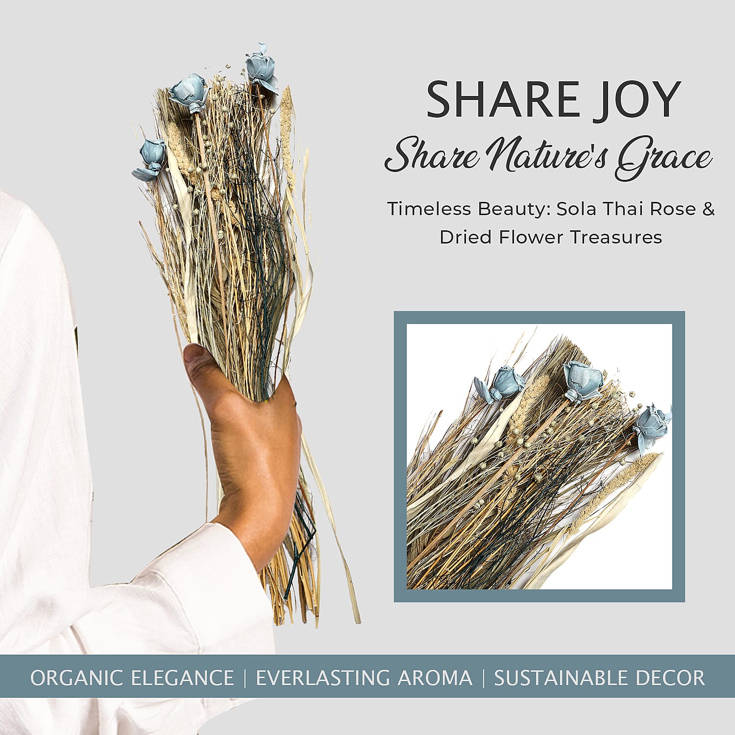 Handcrafted Dried Floral Arrangement Home Decor in Paper Tray with Flax Seed Grass & Sola Thai Rose - Blue