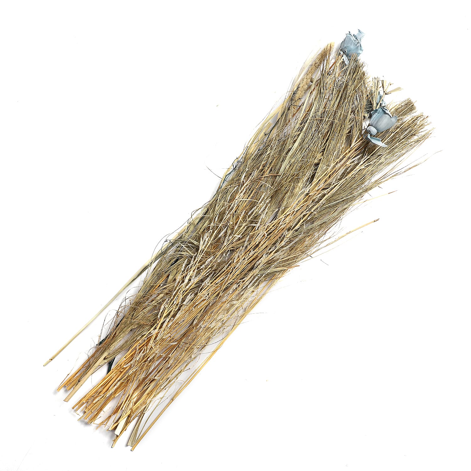 Handcrafted Dried Floral Arrangement Home Decor in Paper Tray with Flax Seed Grass & Sola Thai Rose - Blue