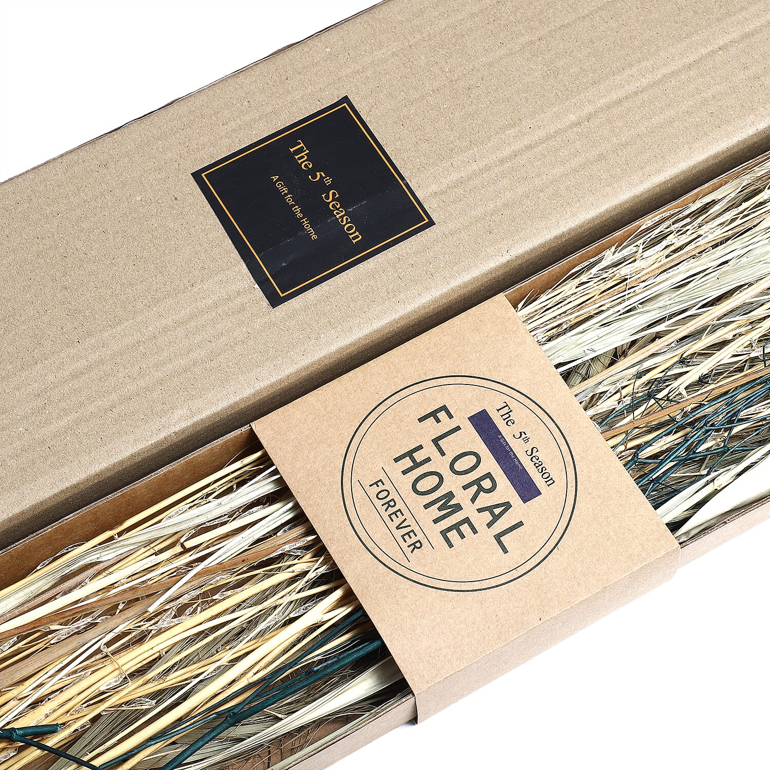 Handcrafted Dried Floral Arrangement Home Decor in Paper Tray with Flax Seed Grass & Sola Thai Rose - Blue