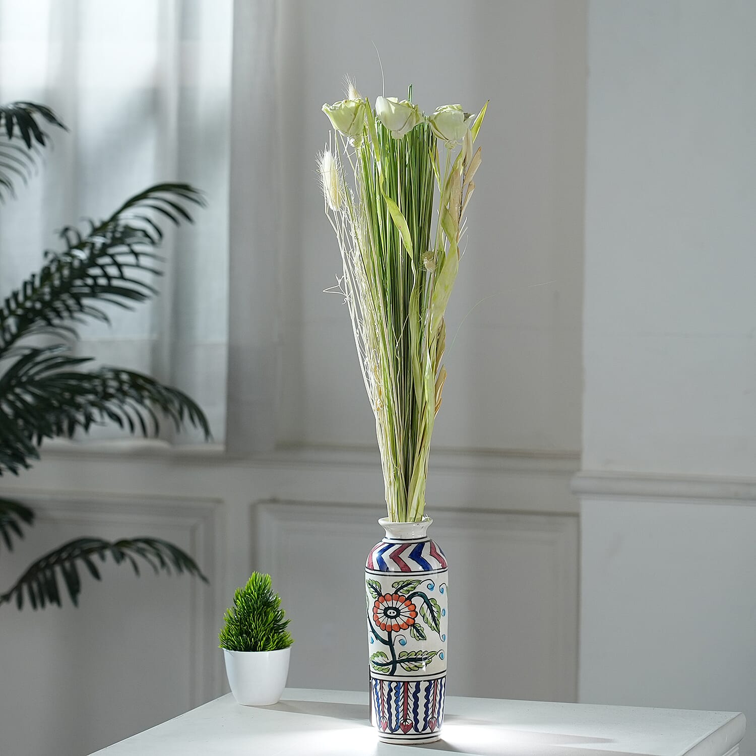 Handcrafted Dried Floral Arrangement Home Decor in Paper Tray with Flax Seed Grass & Sola Thai Rose - Green