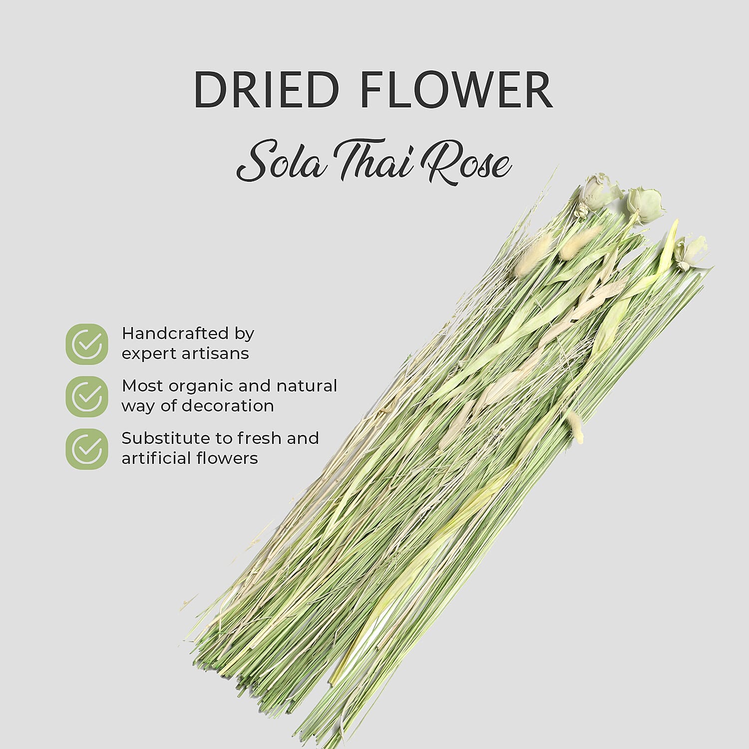 Handcrafted Dried Floral Arrangement Home Decor in Paper Tray with Flax Seed Grass & Sola Thai Rose - Green
