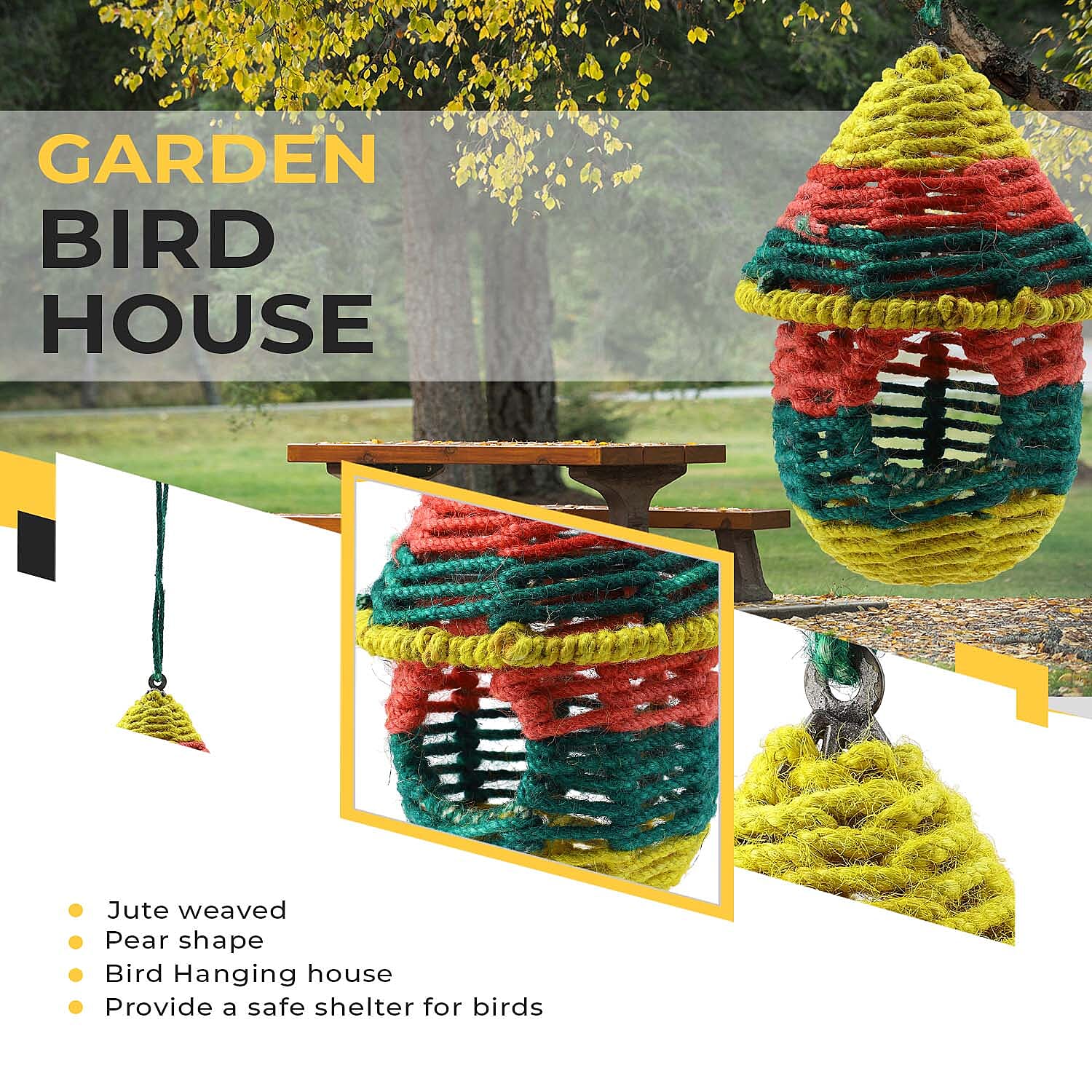 Jute Rope Weaved Hut Shape Steel Bird House - Multi
