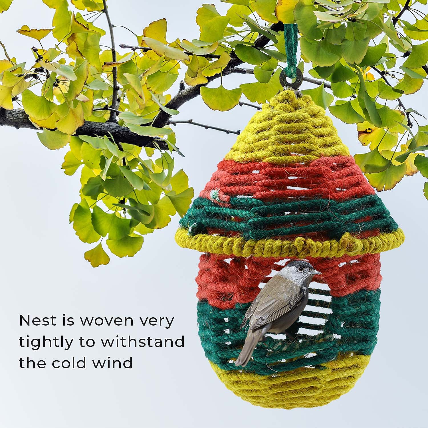 Jute Rope Weaved Hut Shape Steel Bird House - Multi