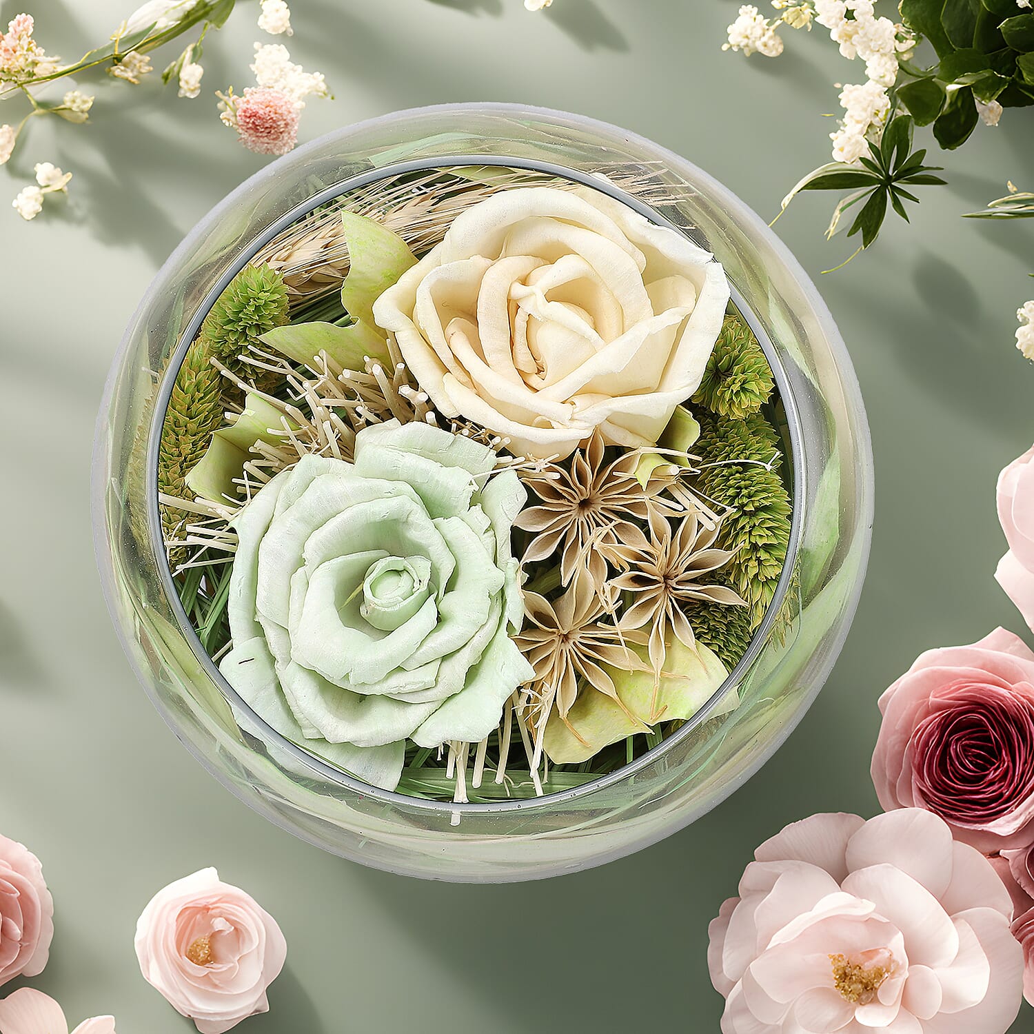 Fresh Dried Arrangement in Glass Bowl Sola Thai Rose - Light Green