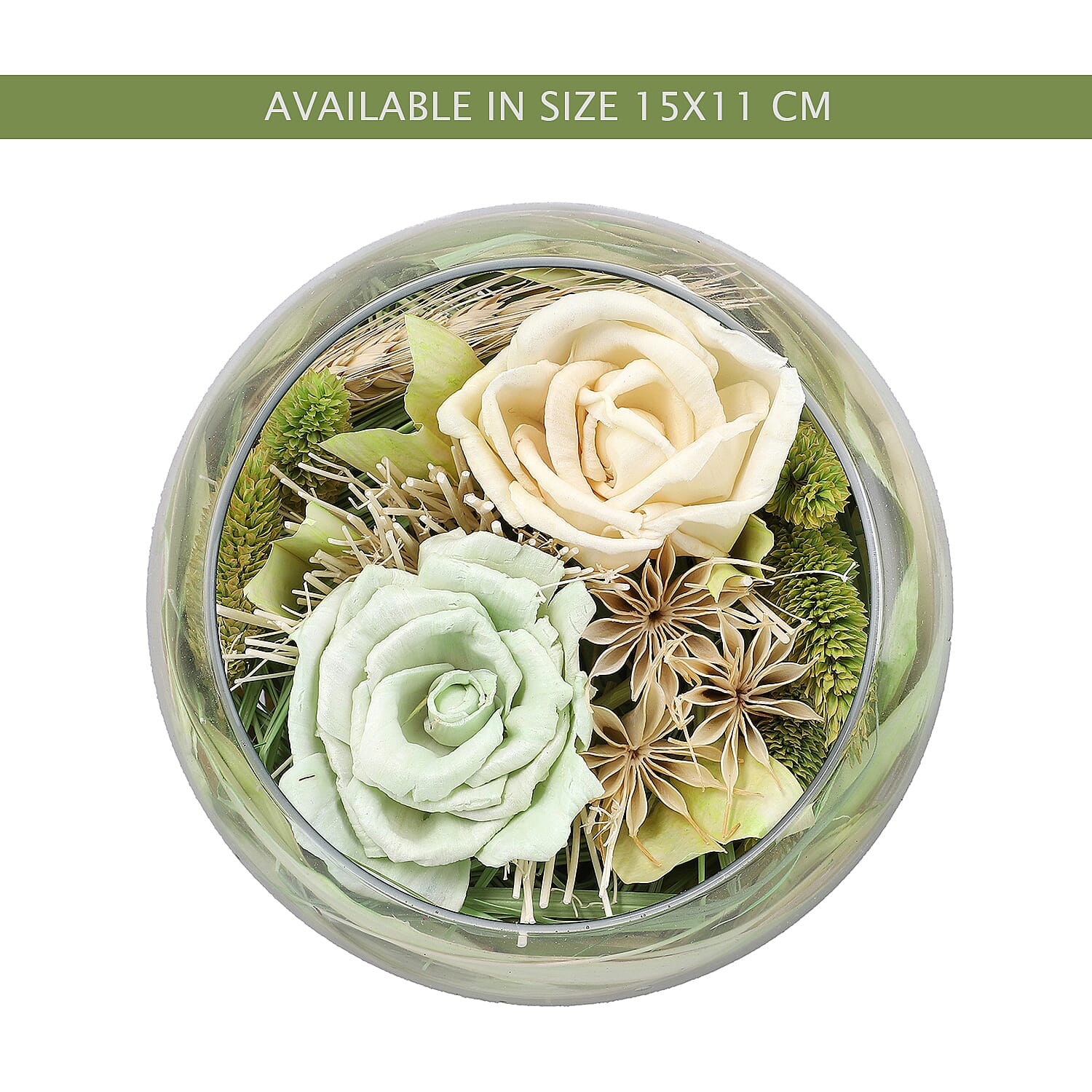 Fresh Dried Arrangement in Glass Bowl Sola Thai Rose - Light Green