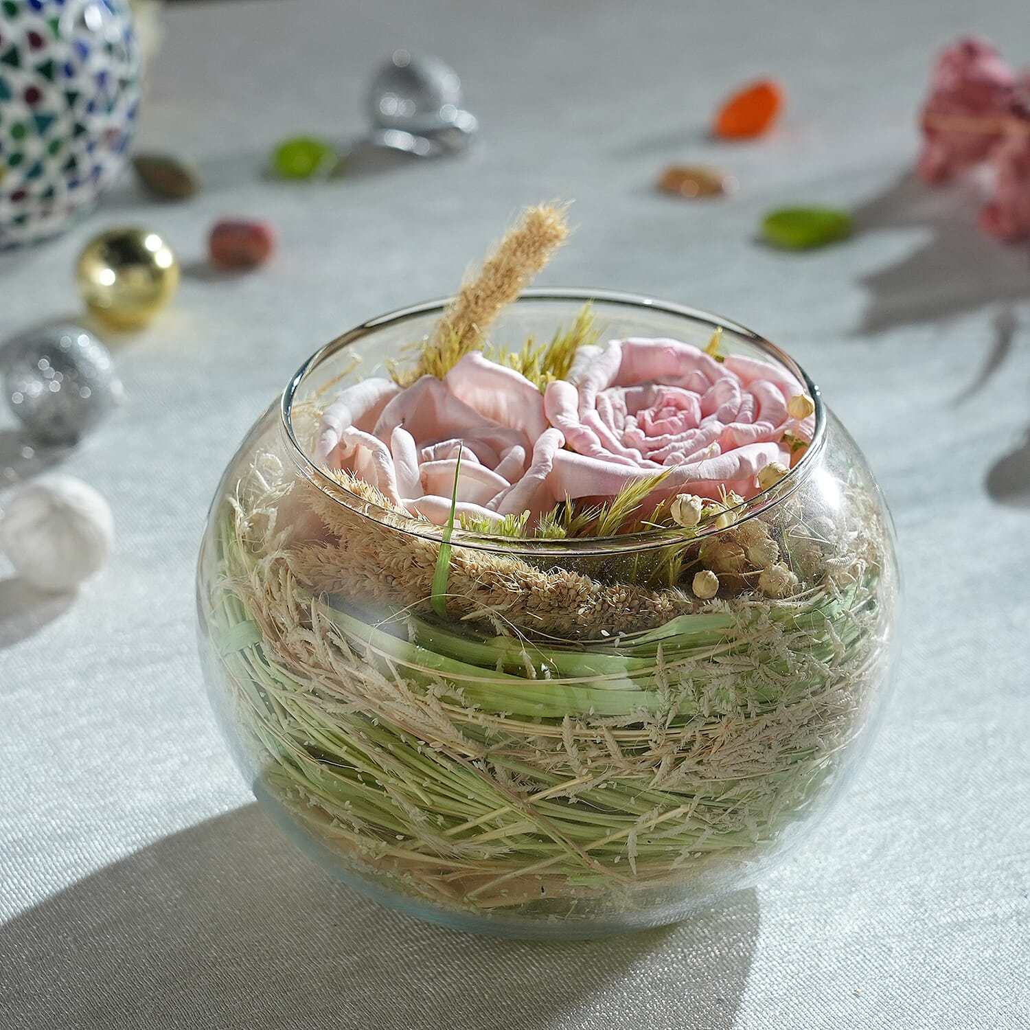 Fresh Dried Arrangement in Glass Bowl Sola Thai Rose - Light Pink