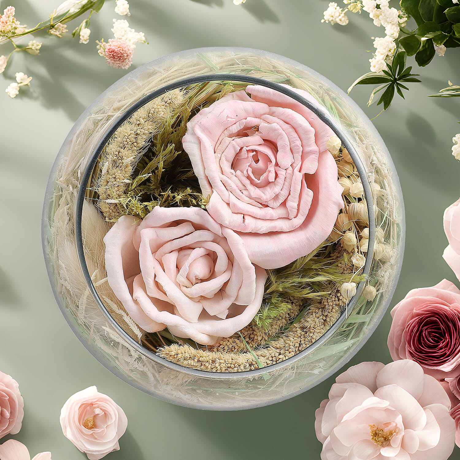 Fresh Dried Arrangement in Glass Bowl Sola Thai Rose - Light Pink