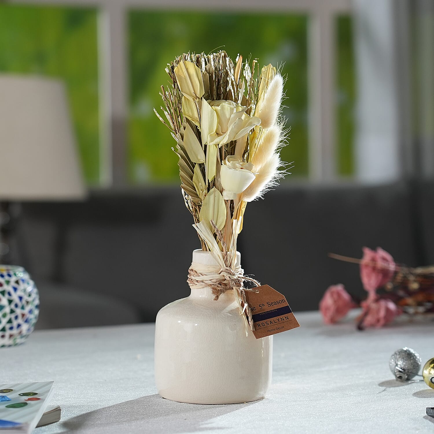 Ceramic Pot Arrangement with Bottom Grass & Sola Thai Rose (30 cm) - Yellow