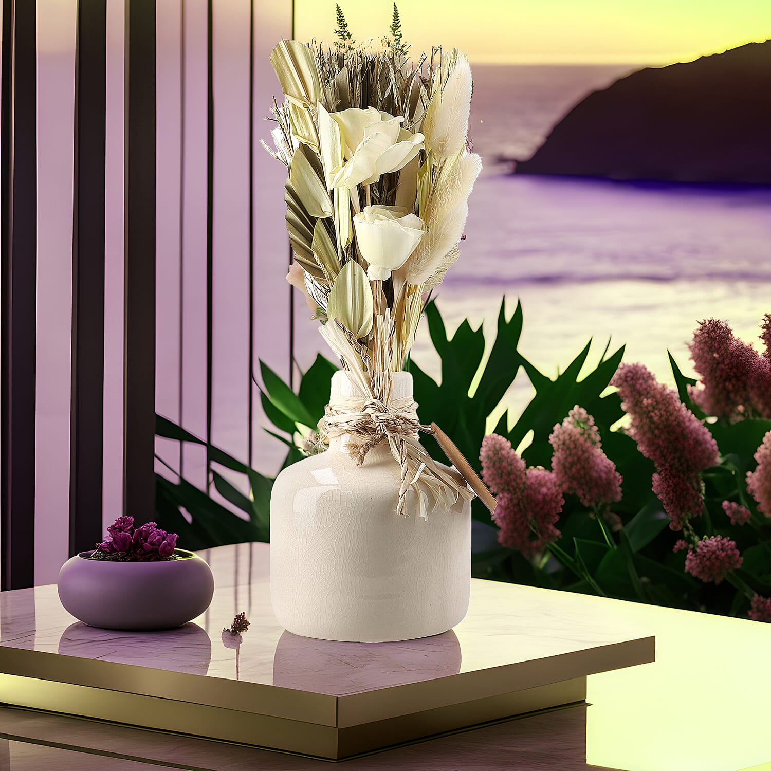 Ceramic Pot Arrangement with Bottom Grass & Sola Thai Rose (30 cm) - Yellow