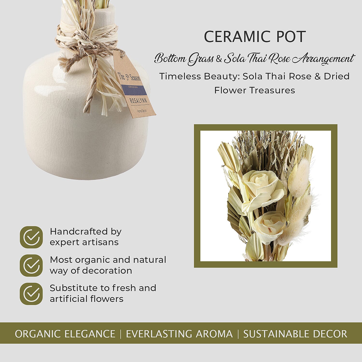 Ceramic Pot Arrangement with Bottom Grass & Sola Thai Rose (30 cm) - Yellow