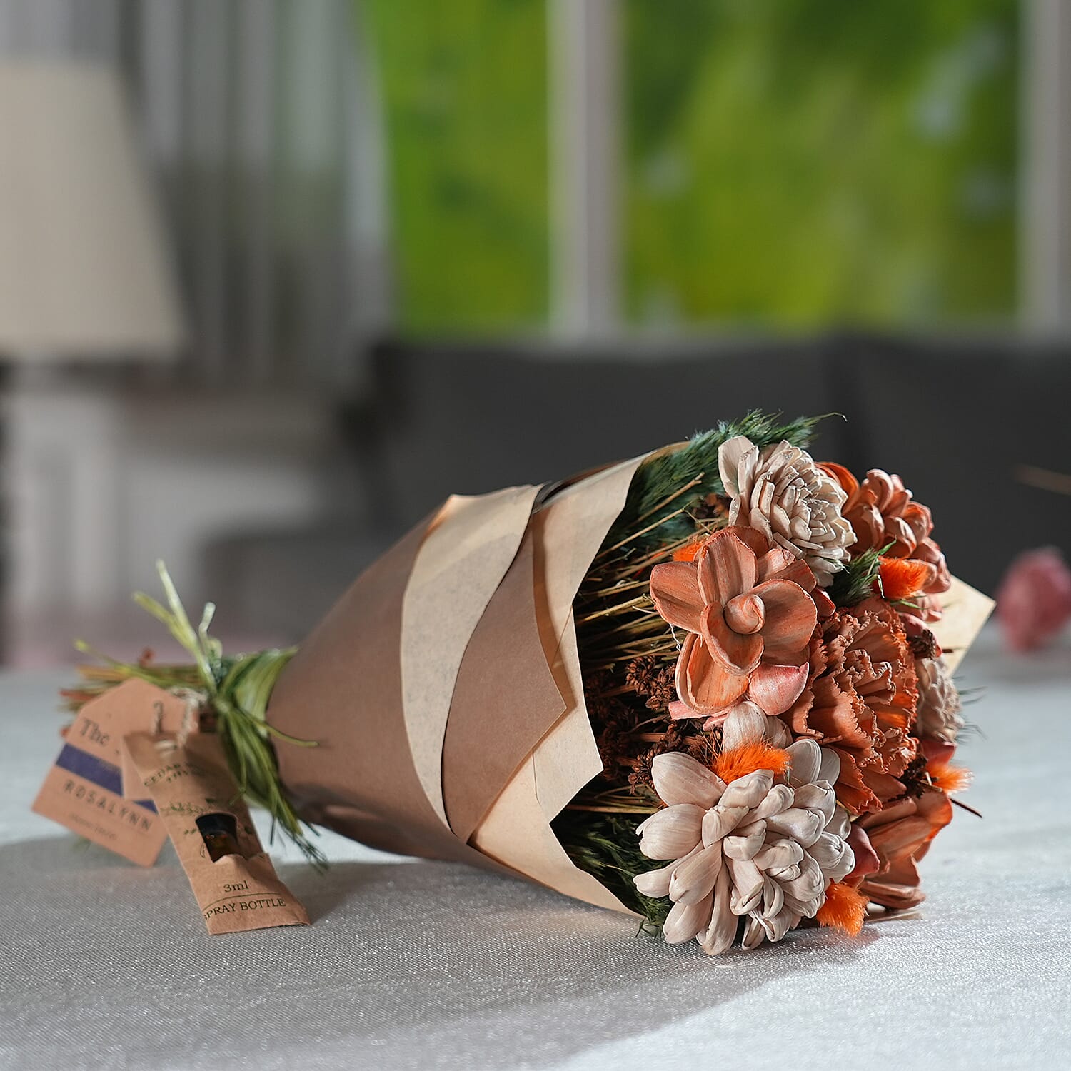 Hand Tied Small Round Bouquet With Spray Bottle - Brown and Red