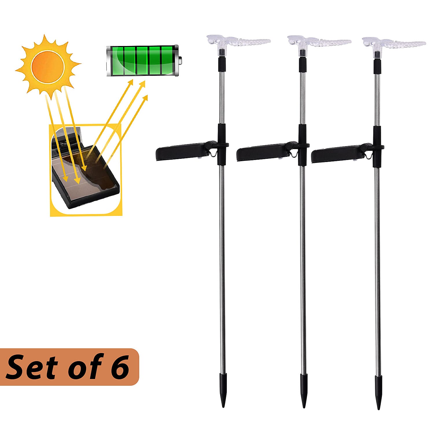 Pack of 6 - Butterfly, Hummingbird & Dragonfly Solar Powered Lawn Lights (Size 53 cm) -White