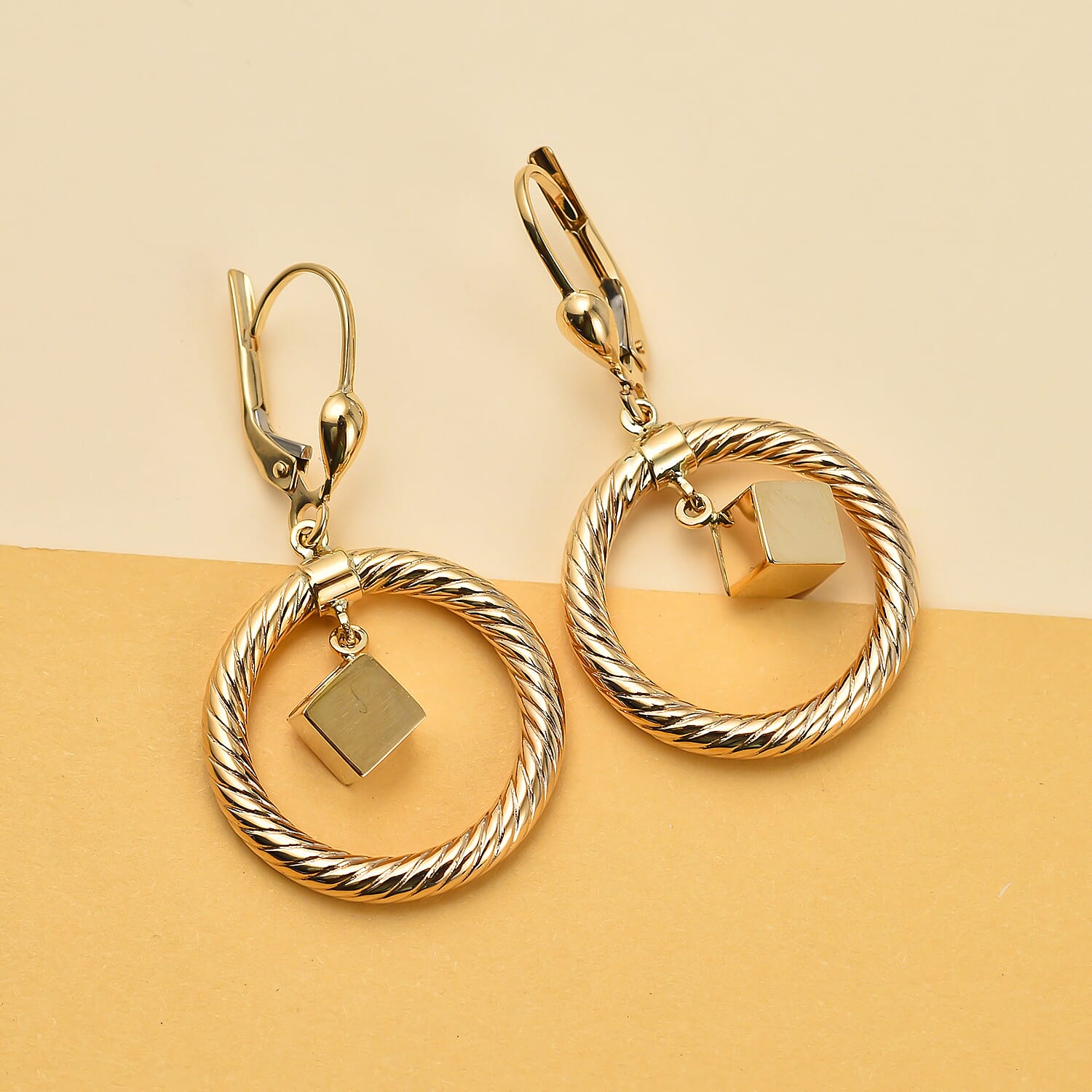 9K Yellow Gold Dangling Cube Earrings