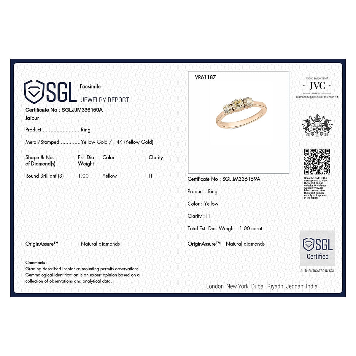 14K Yellow Gold SGL Certified (I1) Natural Yellow Diamond 3 Stone Ring 1.00 Ct